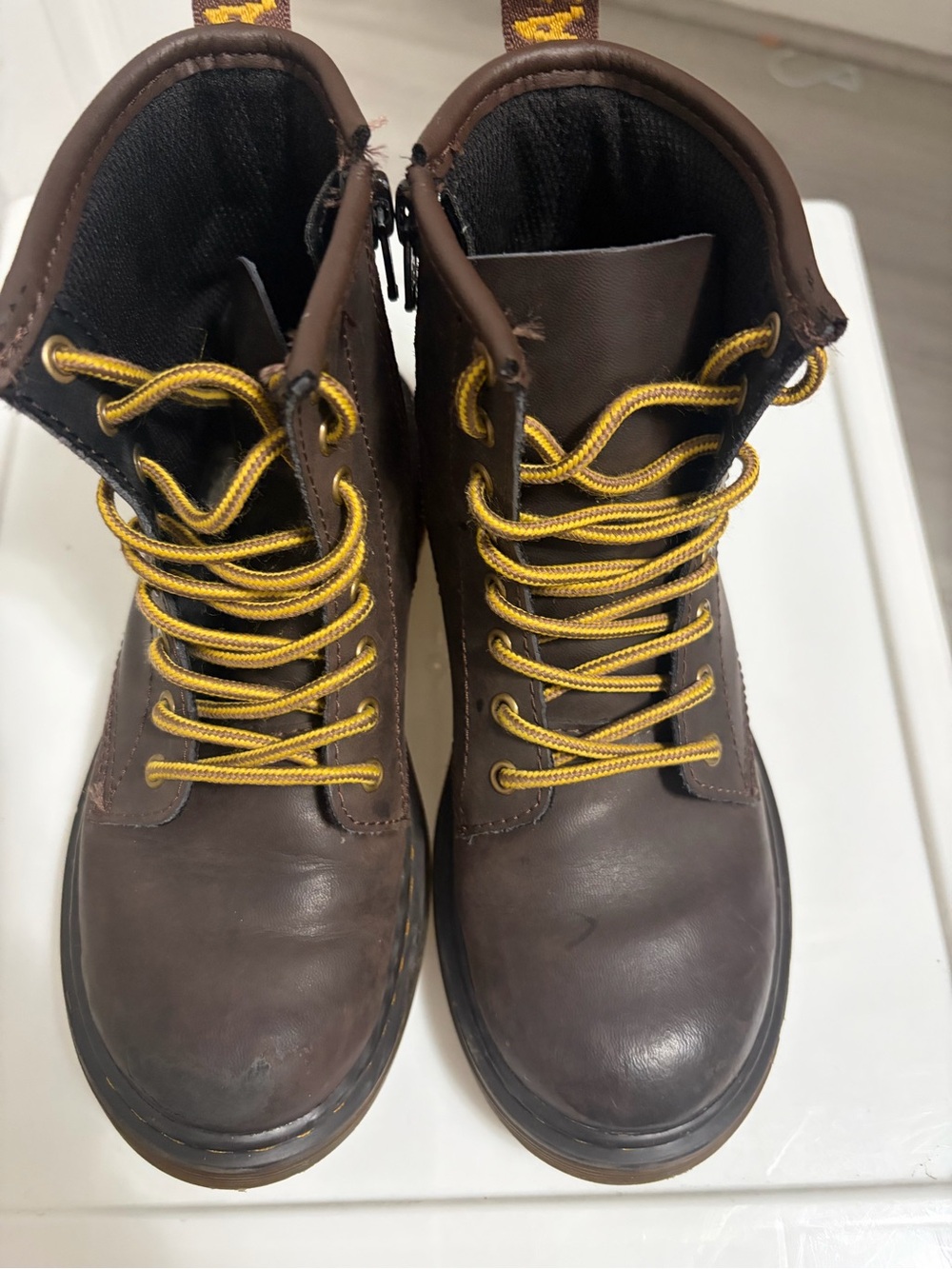 Dr. Martens Brown Leather Kids Boots with Yellow Laces